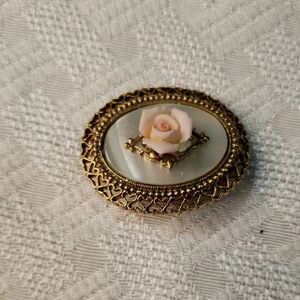 Vintage Gold and Cream Floral Brooch with Ornate Frame